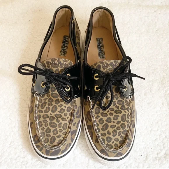 Sperry Leopard Biscayne Patent Leather Top Sider Boat Shoe Tan Black 10 - Picture 4 of 13
